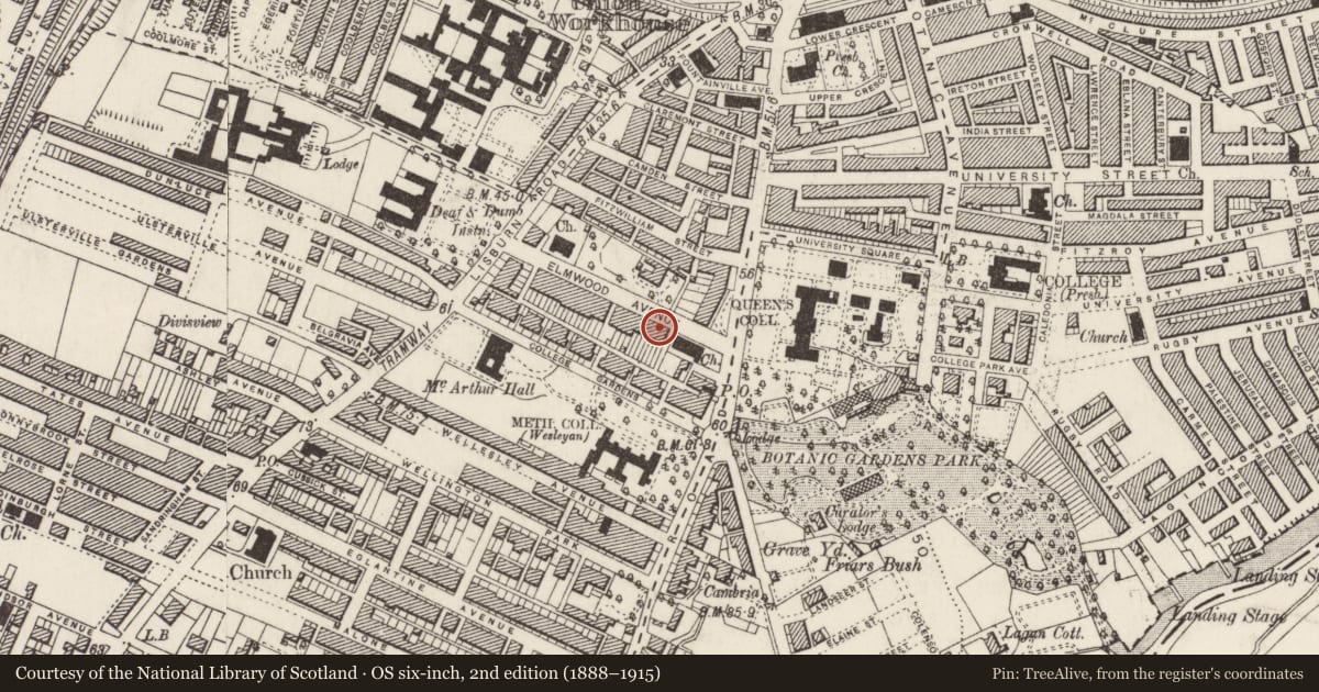 Ordnance Survey six-inch map, 2nd edition (1888–1915) covering the location of 6-10 Elmwood Avenue Belfast BT9 6AY ** See General Comments **, Malone Lower, Belfast, with a pin at the register's coordinates