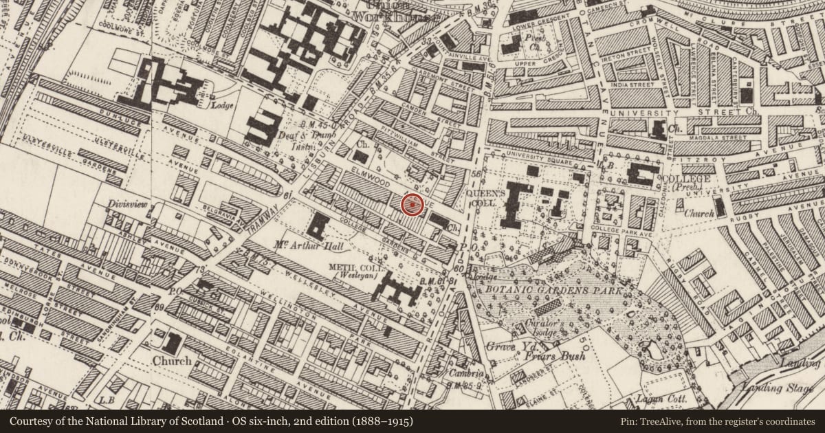 Ordnance Survey six-inch map, 2nd edition (1888–1915) covering the location of 12-14 Elmwood Avenue Belfast BT9 6AY ** See General Comments **, Malone Lower, Belfast, with a pin at the register's coordinates