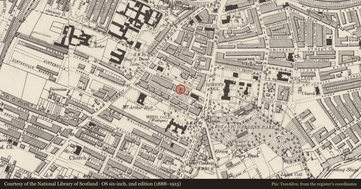 Ordnance Survey six-inch map, 2nd edition (1888–1915) covering the location of 16 Elmwood Avenue, Belfast, with a pin at the register's coordinates