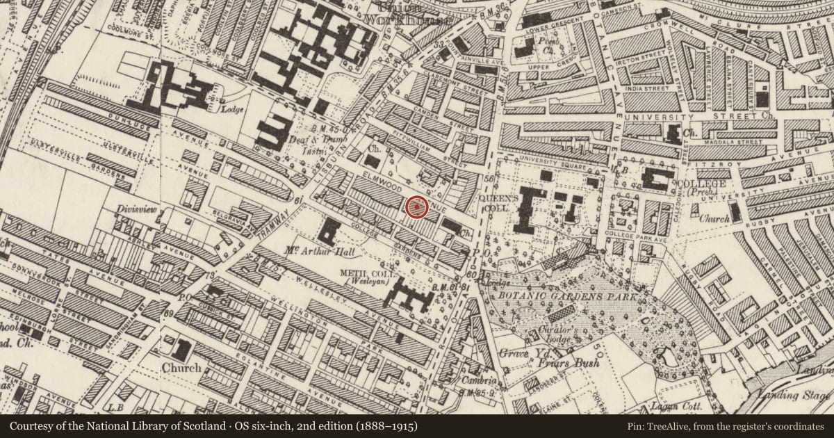 Ordnance Survey six-inch map, 2nd edition (1888–1915) covering the location of 18 Elmwood Avenue, Belfast, with a pin at the register's coordinates