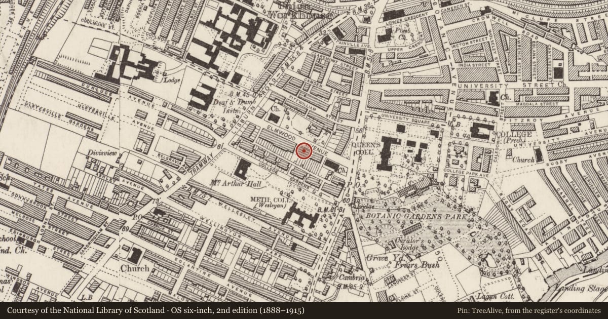Ordnance Survey six-inch map, 2nd edition (1888–1915) covering the location of 20 Elmwood Avenue, Belfast, with a pin at the register's coordinates