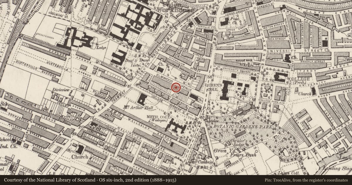 Ordnance Survey six-inch map, 2nd edition (1888–1915) covering the location of 22 Elmwood Avenue, Belfast, with a pin at the register's coordinates