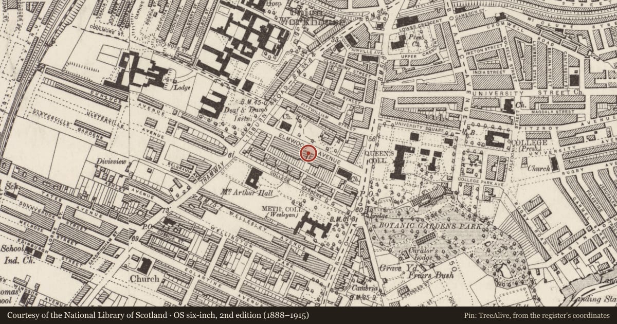 Ordnance Survey six-inch map, 2nd edition (1888–1915) covering the location of 24 Elmwood Ave, Malone Lower, with a pin at the register's coordinates