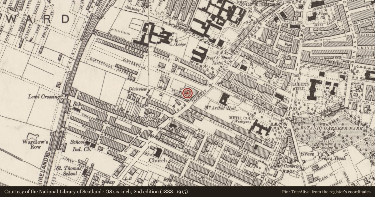 Ordnance Survey six-inch map, 2nd edition (1888–1915) covering the location of 1 Belgravia Avenue, Belfast, with a pin at the register's coordinates