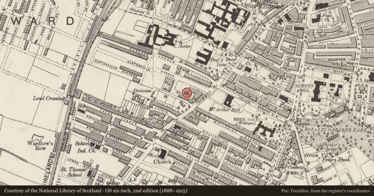 Ordnance Survey six-inch map, 2nd edition (1888–1915) covering the location of 9 Belgravia Avenue, Belfast, with a pin at the register's coordinates