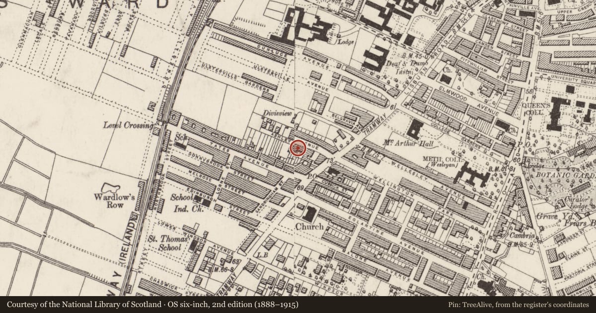 Ordnance Survey six-inch map, 2nd edition (1888–1915) covering the location of 22 Ashley Ave, Malone Lower, Belfast, with a pin at the register's coordinates