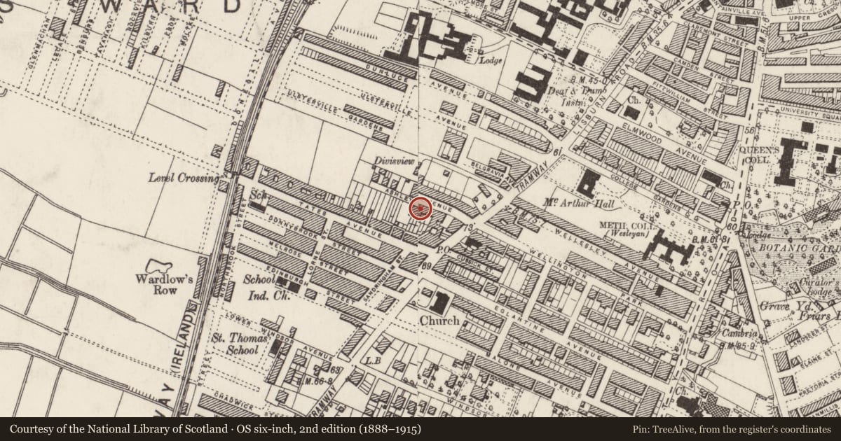 Ordnance Survey six-inch map, 2nd edition (1888–1915) covering the location of 24 Ashley Ave, Malone Lower, Belfast, with a pin at the register's coordinates