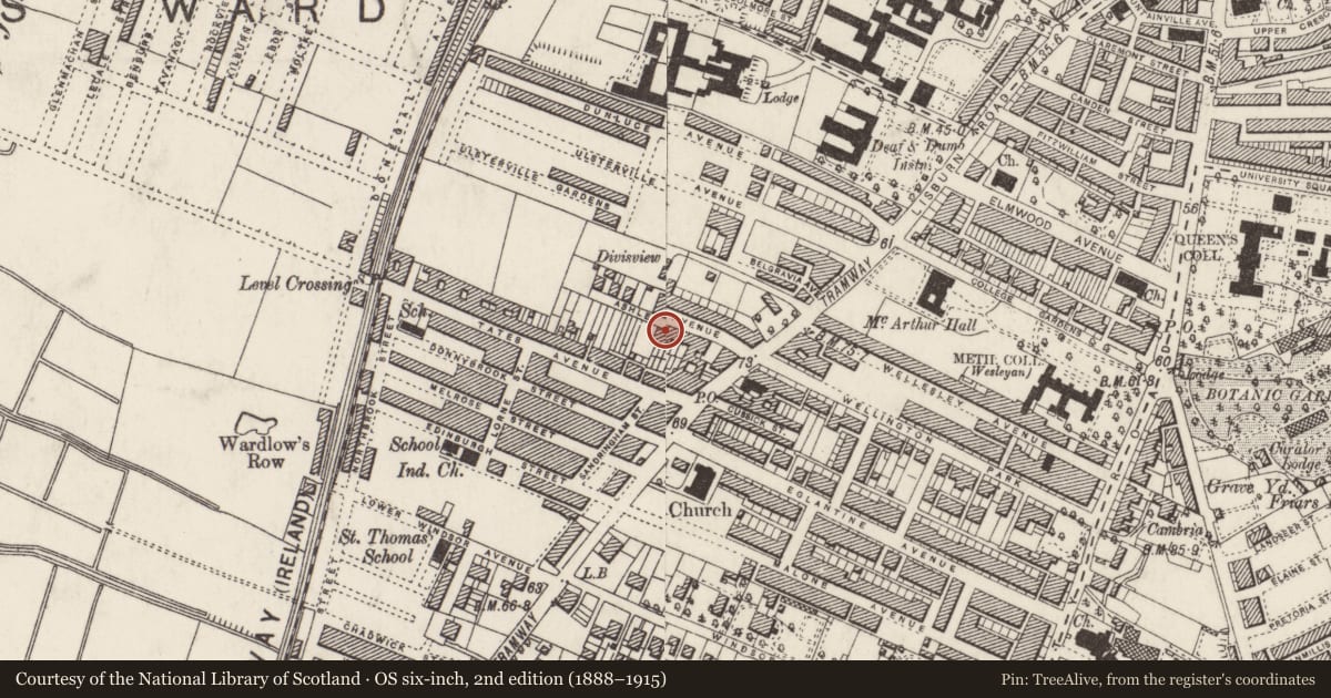 Ordnance Survey six-inch map, 2nd edition (1888–1915) covering the location of 26 Ashley Ave, Malone Lower, Belfast, with a pin at the register's coordinates