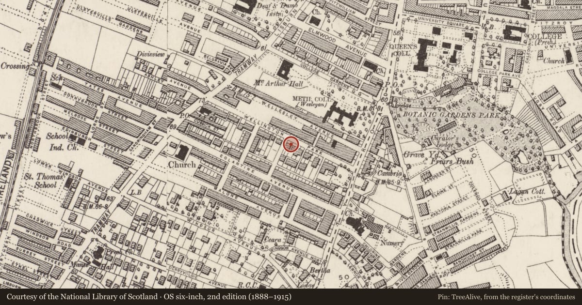 Ordnance Survey six-inch map, 2nd edition (1888–1915) covering the location of 28 Wellington Park, Malone Lower, Belfast, with a pin at the register's coordinates