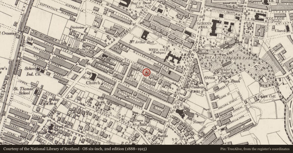 Ordnance Survey six-inch map, 2nd edition (1888–1915) covering the location of 30 Wellington Park, Malone Lower, Belfast, with a pin at the register's coordinates