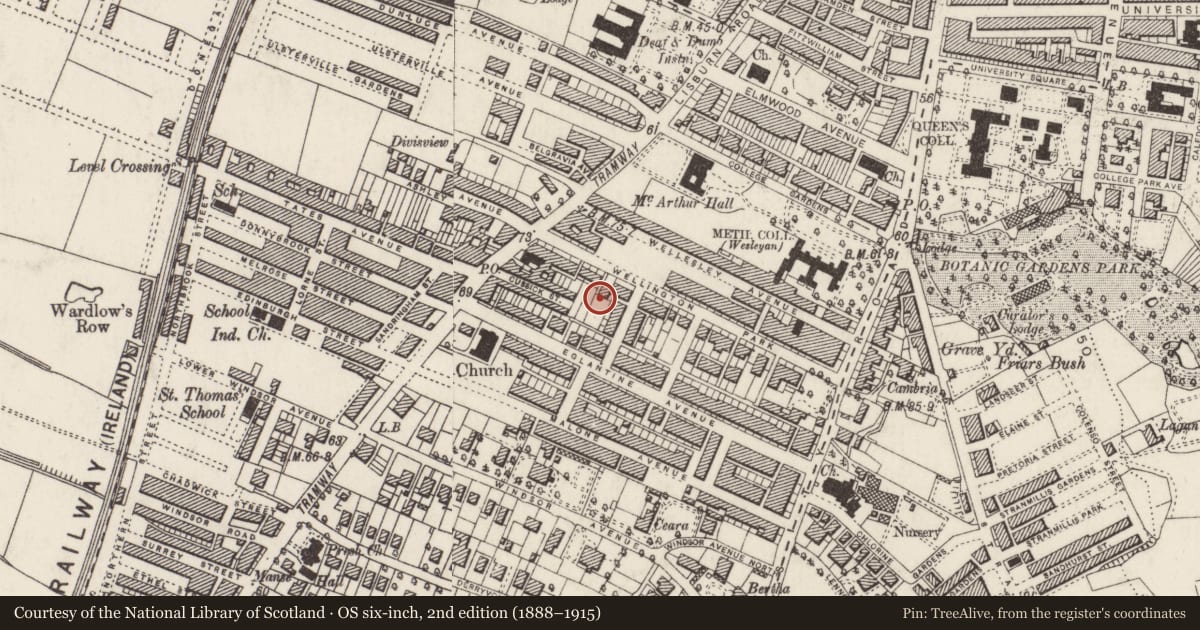 Ordnance Survey six-inch map, 2nd edition (1888–1915) covering the location of 50 Wellington Park, with a pin at the register's coordinates