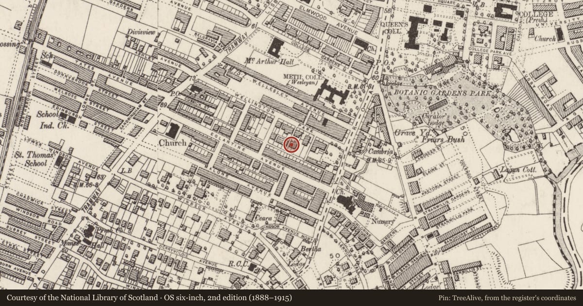 Ordnance Survey six-inch map, 2nd edition (1888–1915) covering the location of 3 Wellington Park Terrace, Malone, Belfast, with a pin at the register's coordinates