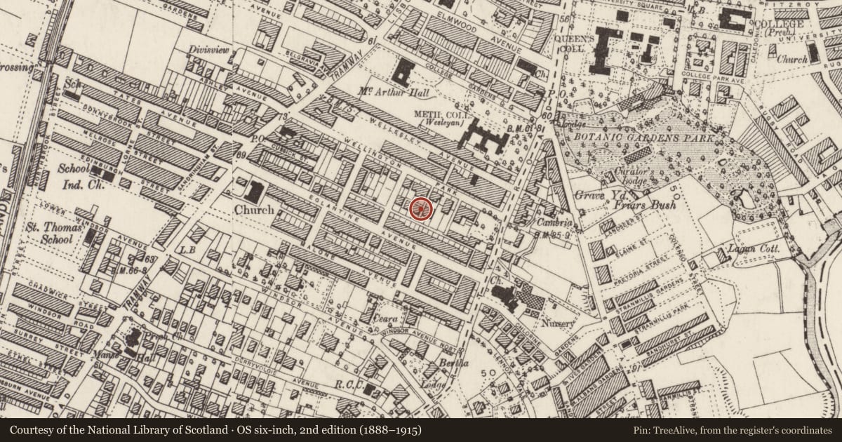Ordnance Survey six-inch map, 2nd edition (1888–1915) covering the location of 5 Wellington Park Terrace, Malone, Belfast, with a pin at the register's coordinates