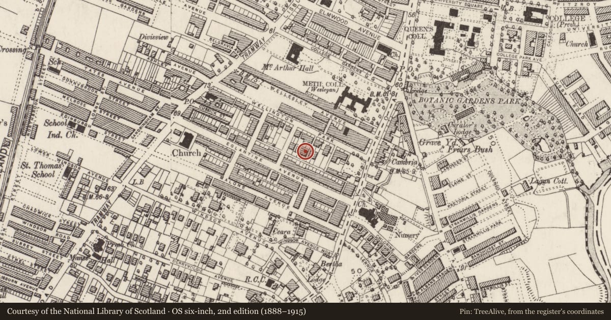 Ordnance Survey six-inch map, 2nd edition (1888–1915) covering the location of 7 Wellington Park Terrace, Malone, Belfast, with a pin at the register's coordinates