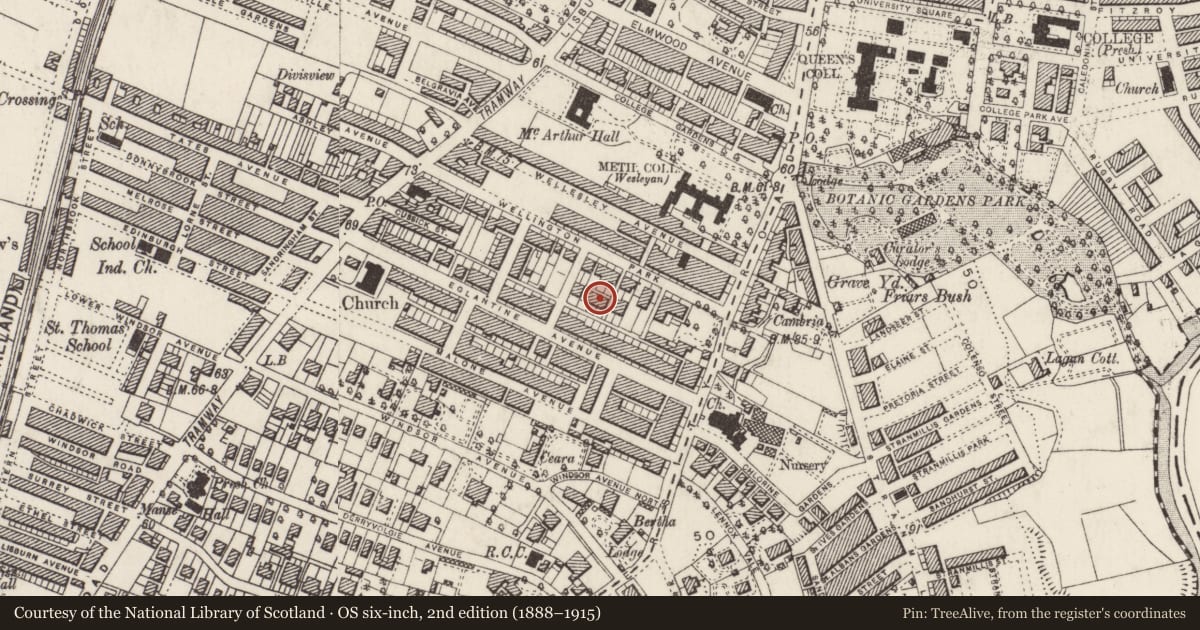 Ordnance Survey six-inch map, 2nd edition (1888–1915) covering the location of 9 Wellington Park Terrace, Malone, Belfast, with a pin at the register's coordinates