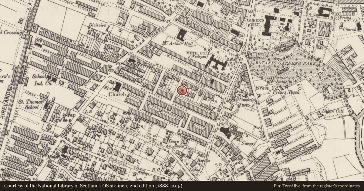 Ordnance Survey six-inch map, 2nd edition (1888–1915) covering the location of 17 Wellington Park Terrace, Malone, Belfast, with a pin at the register's coordinates