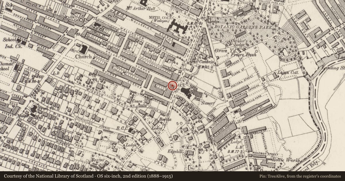 Ordnance Survey six-inch map, 2nd edition (1888–1915) covering the location of 37 Malone Road, Malone Lower, Belfast, with a pin at the register's coordinates