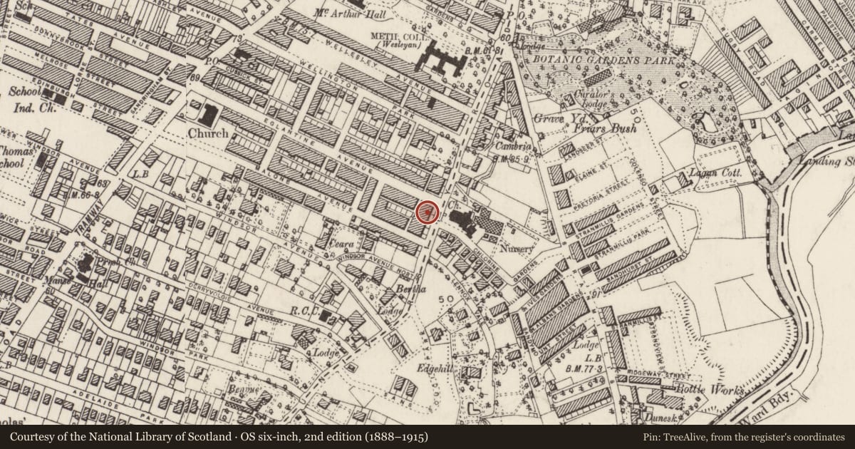 Ordnance Survey six-inch map, 2nd edition (1888–1915) covering the location of 41 Malone Road, Malone Lower, Belfast, with a pin at the register's coordinates