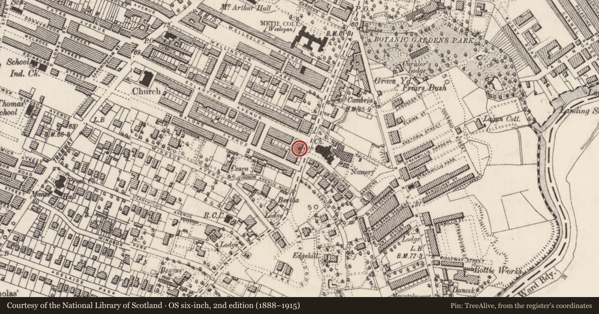 Ordnance Survey six-inch map, 2nd edition (1888–1915) covering the location of 43 Malone Road, Malone Lower, Belfast, with a pin at the register's coordinates