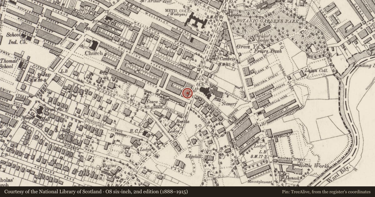 Ordnance Survey six-inch map, 2nd edition (1888–1915) covering the location of 49 Malone Road, Malone Lower, Belfast, with a pin at the register's coordinates