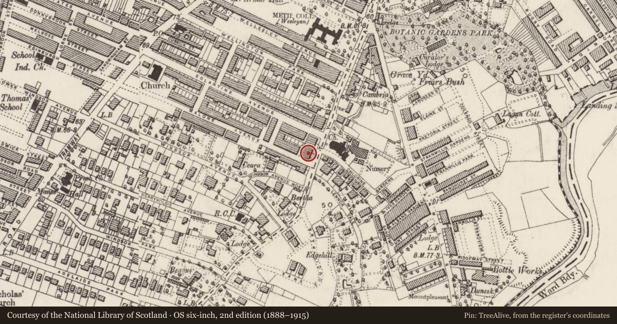 Ordnance Survey six-inch map, 2nd edition (1888–1915) covering the location of 51 Malone Road, Malone Lower, Belfast, with a pin at the register's coordinates