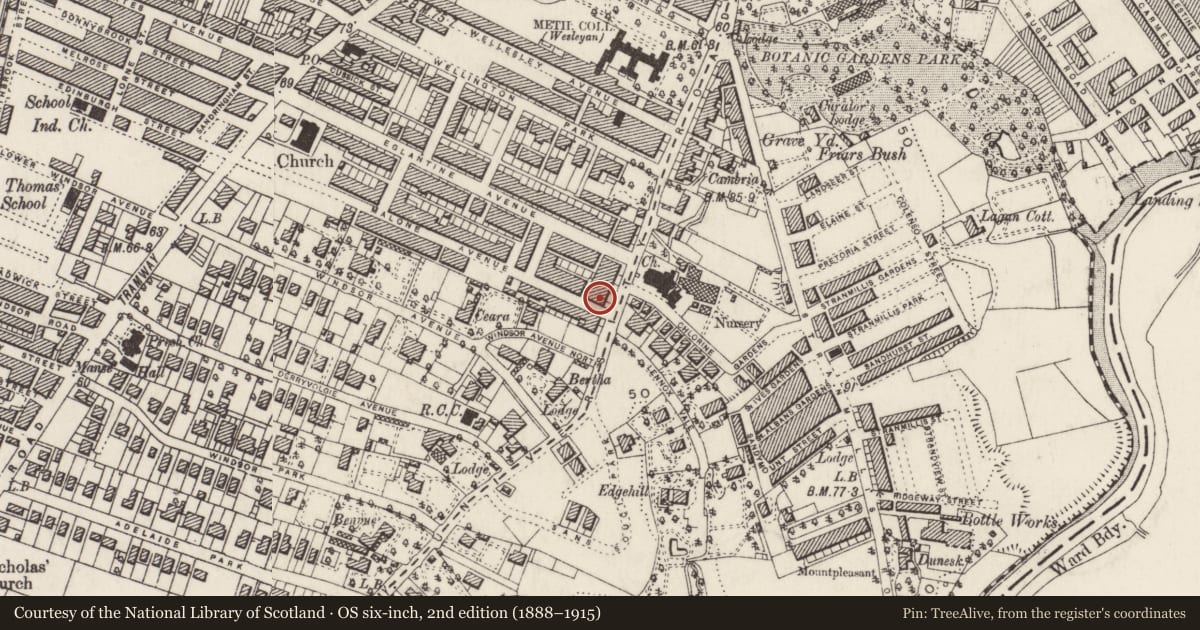 Ordnance Survey six-inch map, 2nd edition (1888–1915) covering the location of 53 Malone Road, Malone Lower, Belfast, with a pin at the register's coordinates