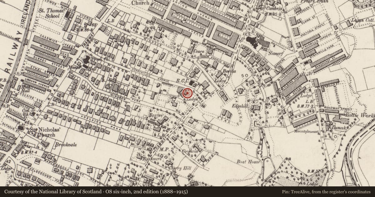 Ordnance Survey six-inch map, 2nd edition (1888–1915) covering the location of Derryvolgie House, Belfast, with a pin at the register's coordinates