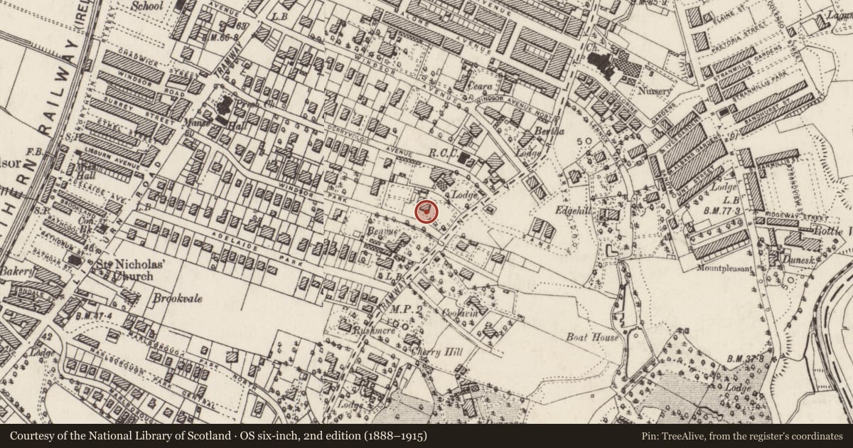 Ordnance Survey six-inch map, 2nd edition (1888–1915) covering the location of Benvue, Belfast, with a pin at the register's coordinates