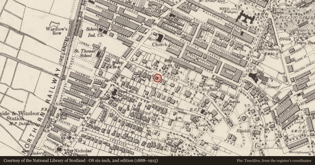 Ordnance Survey six-inch map, 2nd edition (1888–1915) covering the location of 21 Windsor Avenue, Belfast, with a pin at the register's coordinates