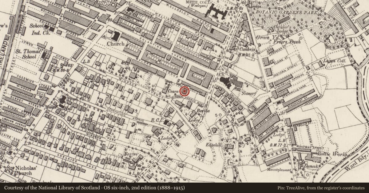 Ordnance Survey six-inch map, 2nd edition (1888–1915) covering the location of 10 Windsor Avenue North, with a pin at the register's coordinates