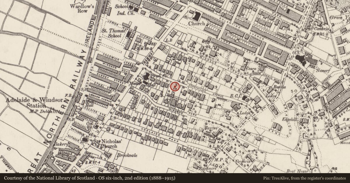 Ordnance Survey six-inch map, 2nd edition (1888–1915) covering the location of 15 Derryvolgie Avenue, Belfast, with a pin at the register's coordinates