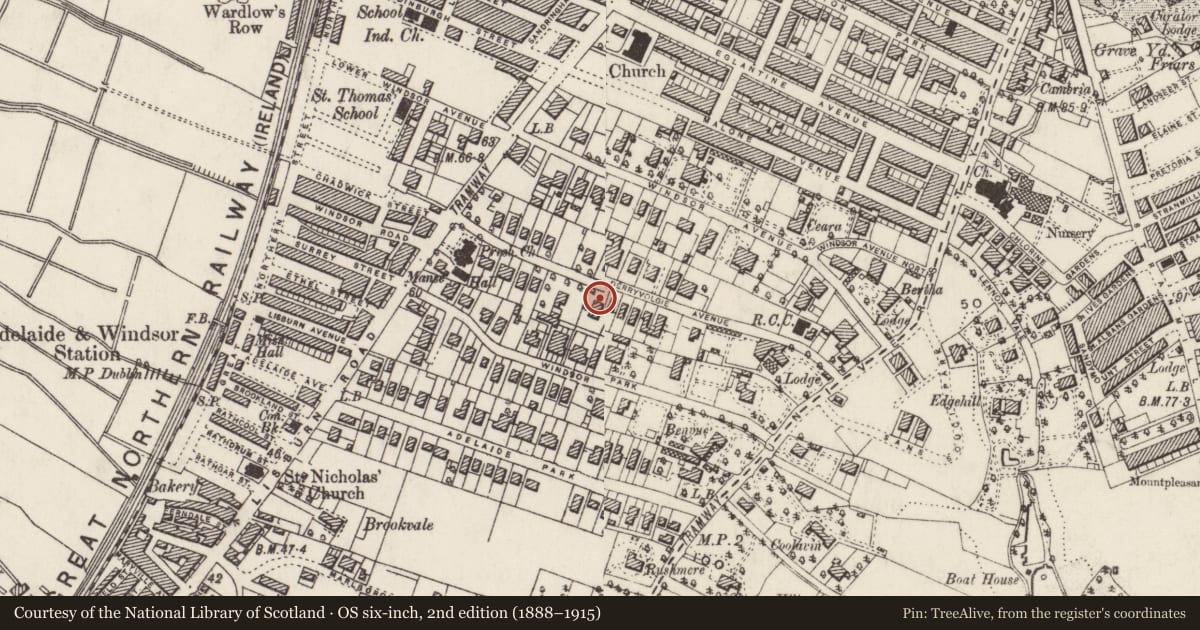 Ordnance Survey six-inch map, 2nd edition (1888–1915) covering the location of 21 Derryvolgie Avenue, with a pin at the register's coordinates