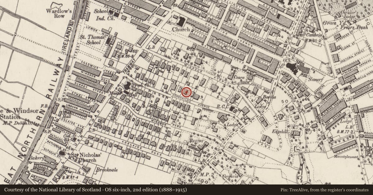 Ordnance Survey six-inch map, 2nd edition (1888–1915) covering the location of 22 Derryvolgie Avenue, Belfast, with a pin at the register's coordinates
