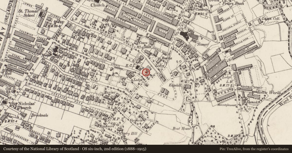 Ordnance Survey six-inch map, 2nd edition (1888–1915) covering the location of 44 Derryvolgie Avenue, with a pin at the register's coordinates
