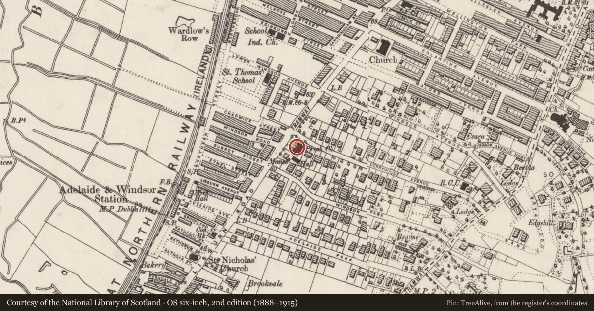 Ordnance Survey six-inch map, 2nd edition (1888–1915) covering the location of Windsor Presbyterian Church, Belfast, with a pin at the register's coordinates