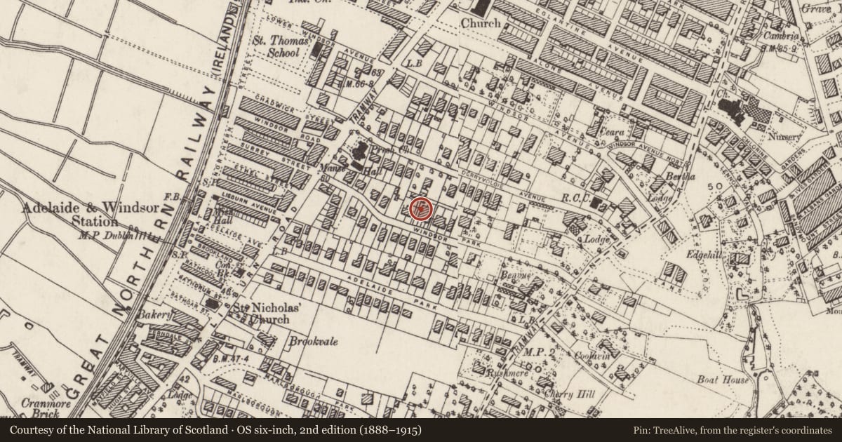 Ordnance Survey six-inch map, 2nd edition (1888–1915) covering the location of 22-24 Windsor Park, Malone Lower, Belfast, with a pin at the register's coordinates