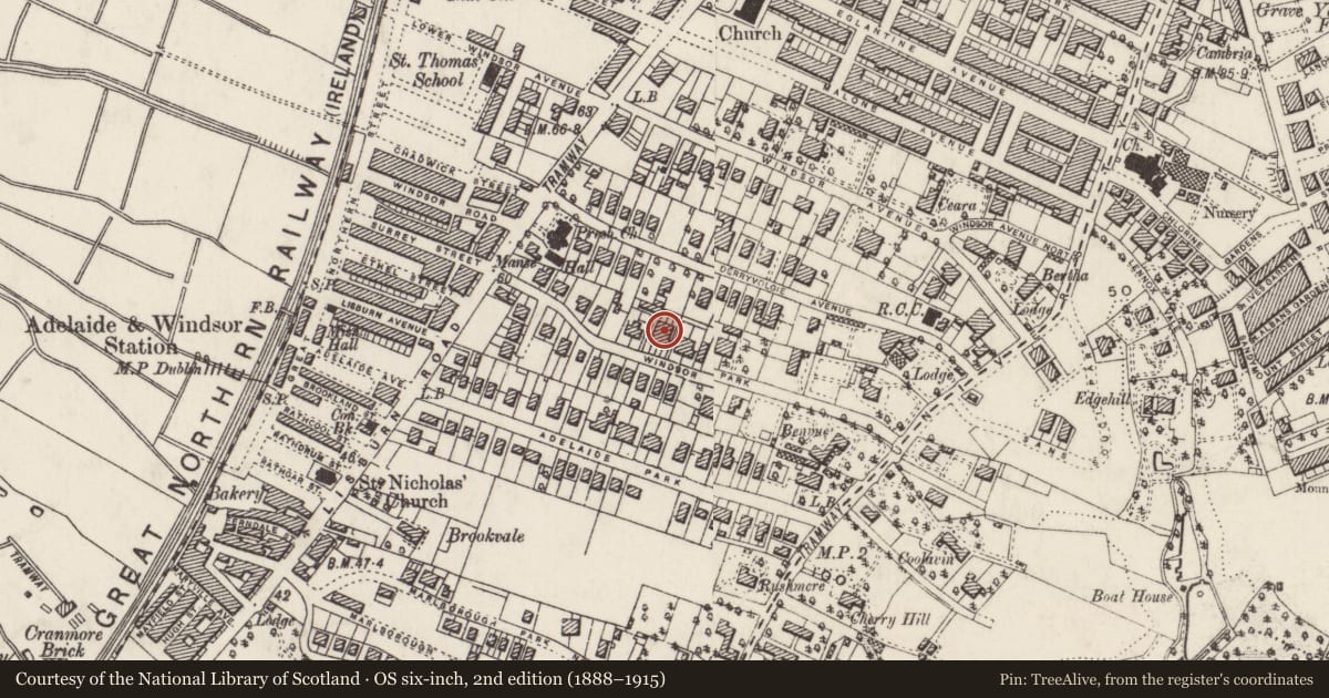 Ordnance Survey six-inch map, 2nd edition (1888–1915) covering the location of 26 Windsor Park, Malone Lower, Belfast, with a pin at the register's coordinates