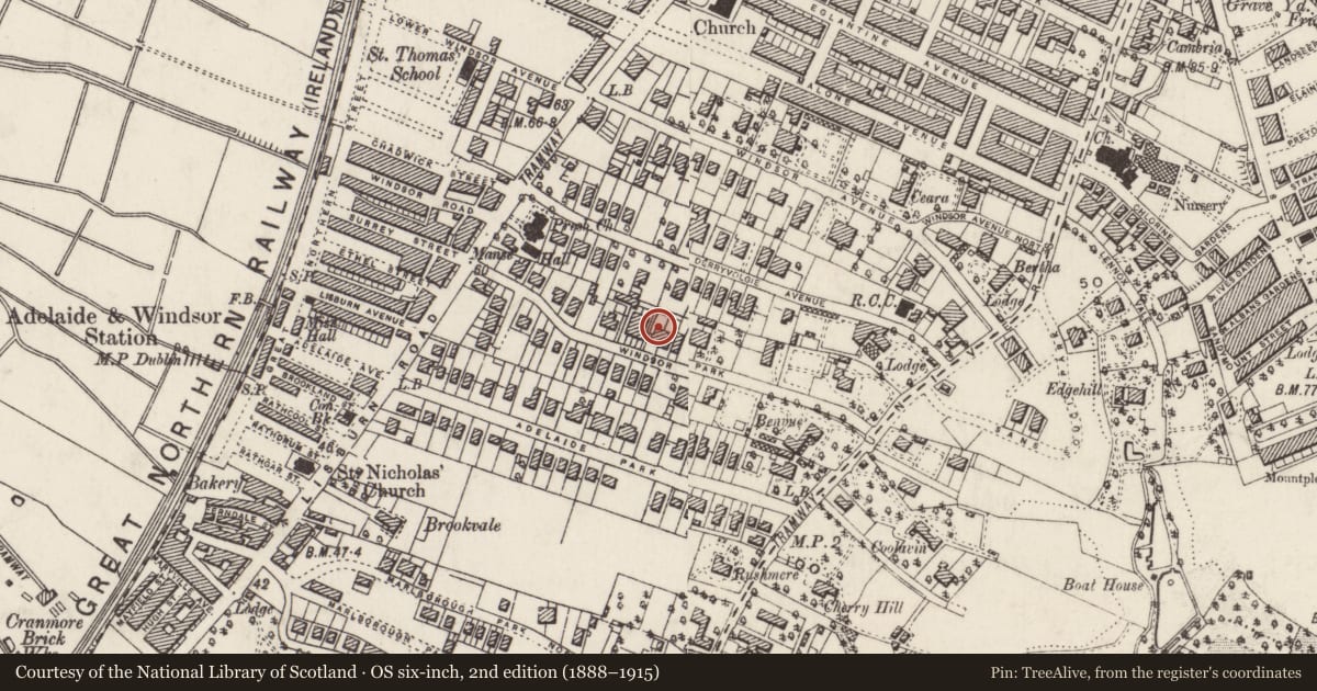 Ordnance Survey six-inch map, 2nd edition (1888–1915) covering the location of 30 Windsor Park, Malone Lower, Belfast, with a pin at the register's coordinates