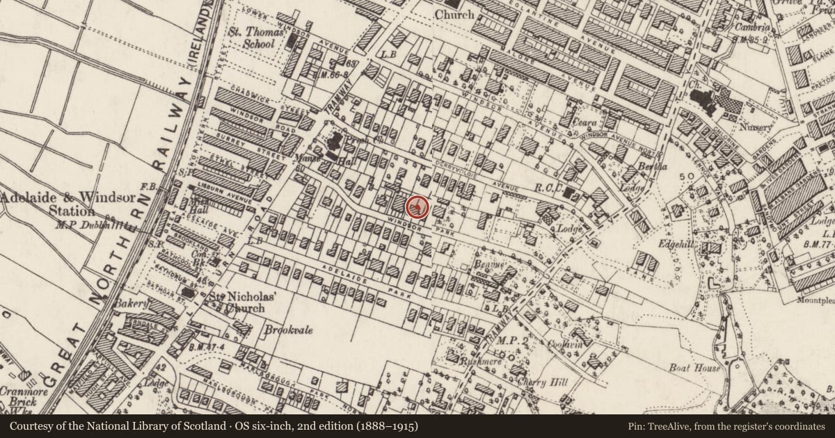 Ordnance Survey six-inch map, 2nd edition (1888–1915) covering the location of 32 Windsor Park, Malone Lower, Belfast, with a pin at the register's coordinates