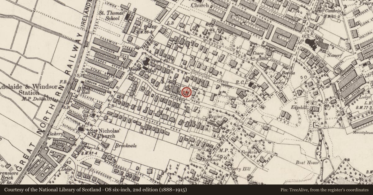 Ordnance Survey six-inch map, 2nd edition (1888–1915) covering the location of 34 Windsor Park, Malone Lower, Belfast, with a pin at the register's coordinates