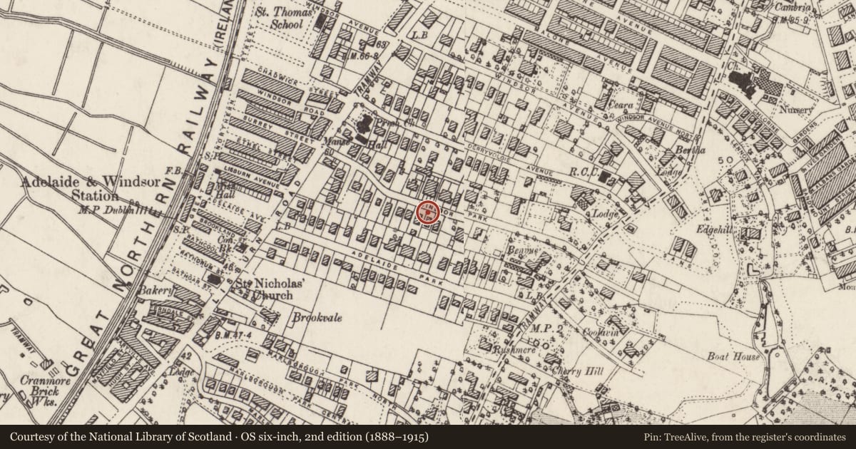 Ordnance Survey six-inch map, 2nd edition (1888–1915) covering the location of 27 Windsor Park, with a pin at the register's coordinates