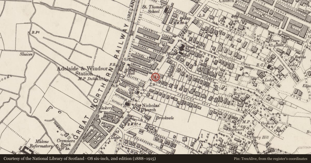 Ordnance Survey six-inch map, 2nd edition (1888–1915) covering the location of 2 Adelaide Park, Belfast, with a pin at the register's coordinates