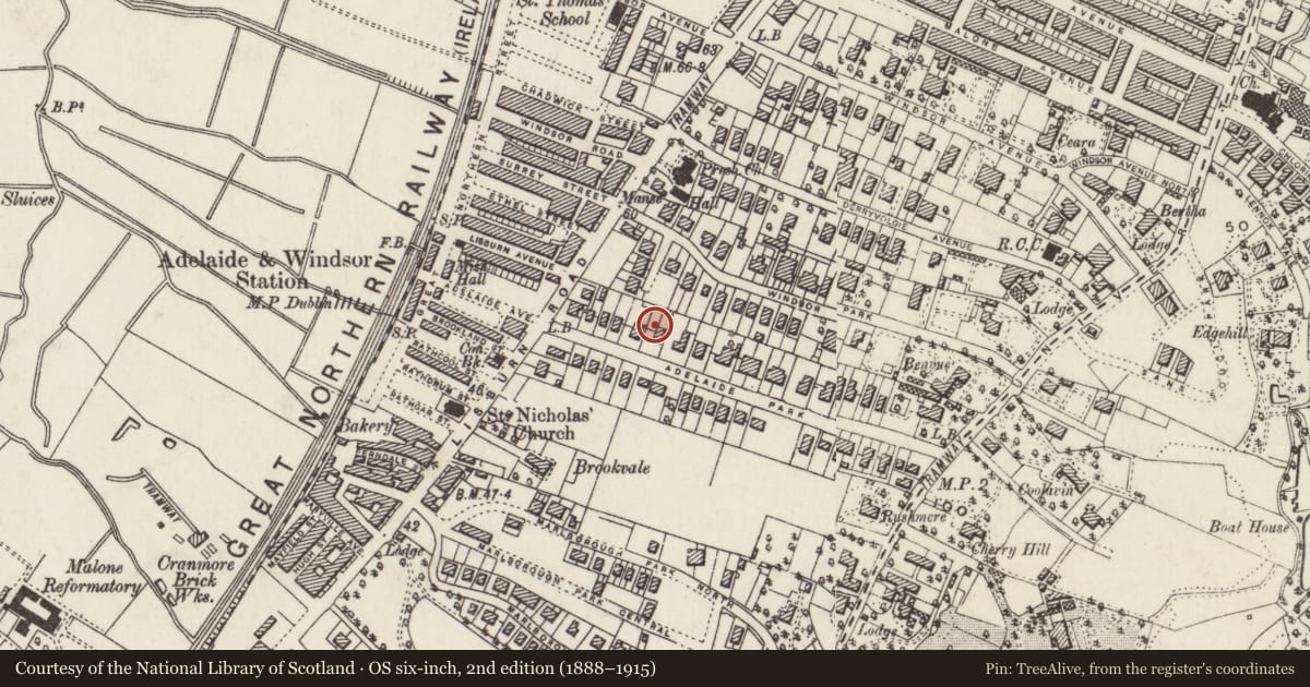 Ordnance Survey six-inch map, 2nd edition (1888–1915) covering the location of 12 Adelaide Park, with a pin at the register's coordinates