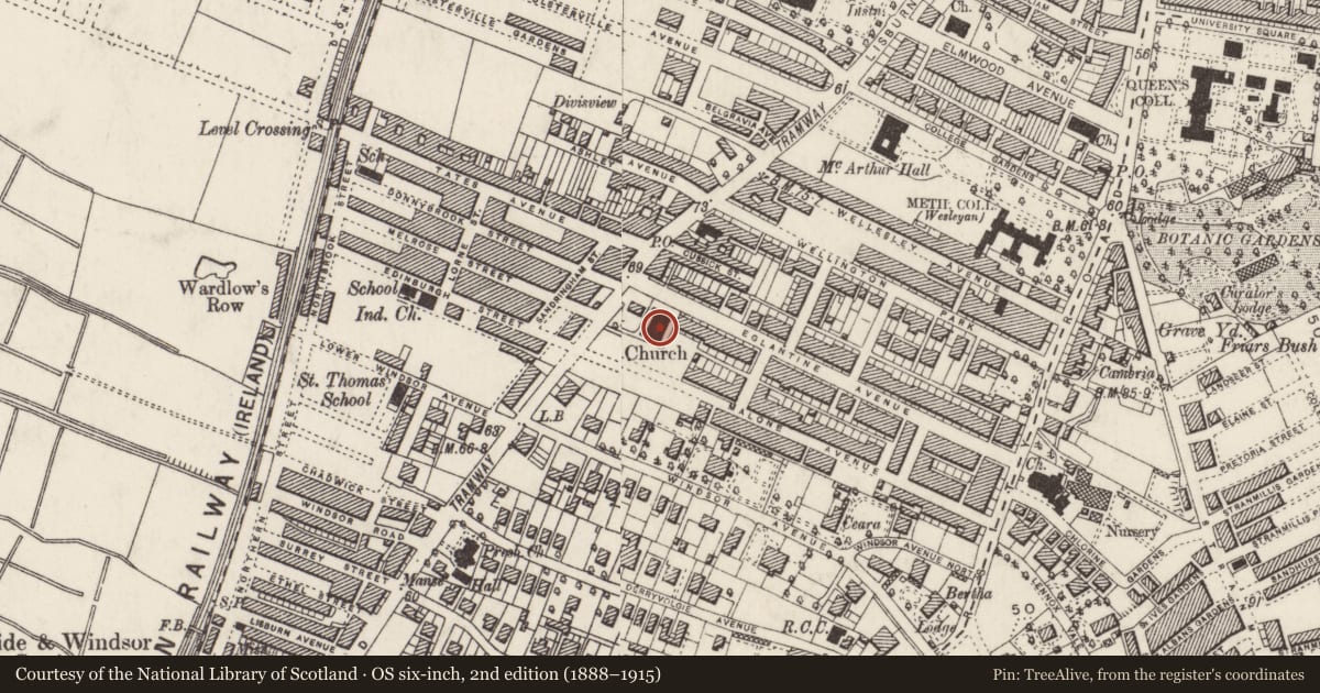 Ordnance Survey six-inch map, 2nd edition (1888–1915) covering the location of St. Thomas' Church, Belfast, with a pin at the register's coordinates