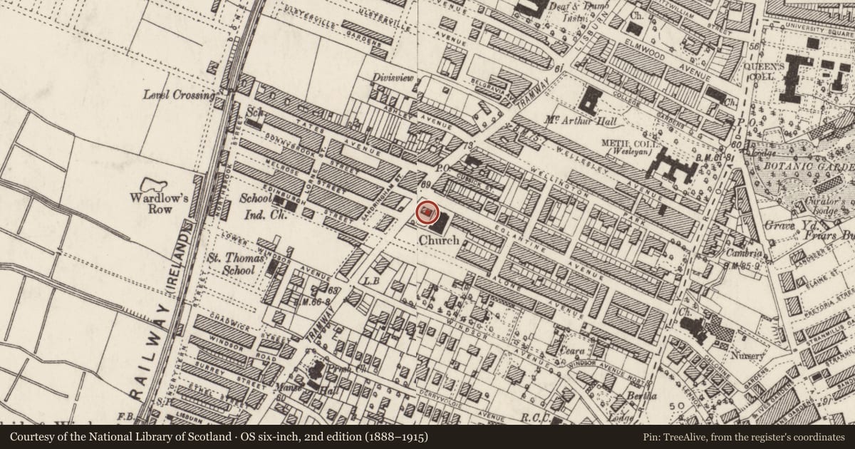 Ordnance Survey six-inch map, 2nd edition (1888–1915) covering the location of St. Thomas' C OF I RECTORY, Belfast, with a pin at the register's coordinates