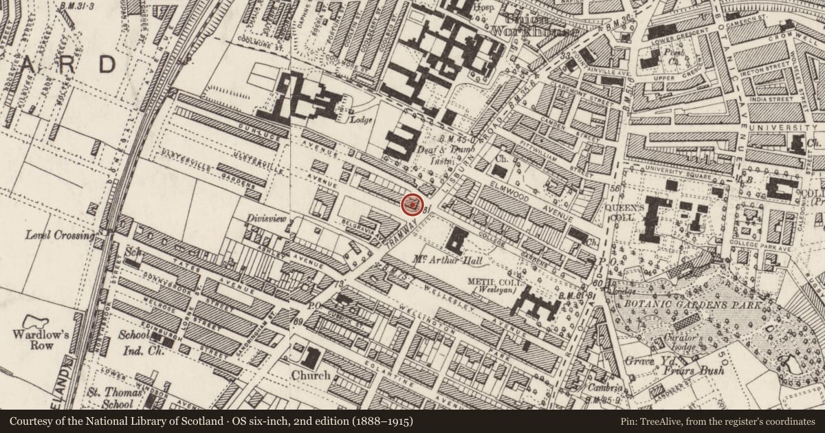Ordnance Survey six-inch map, 2nd edition (1888–1915) covering the location of 3 Ulsterville Avenue, Belfast, with a pin at the register's coordinates