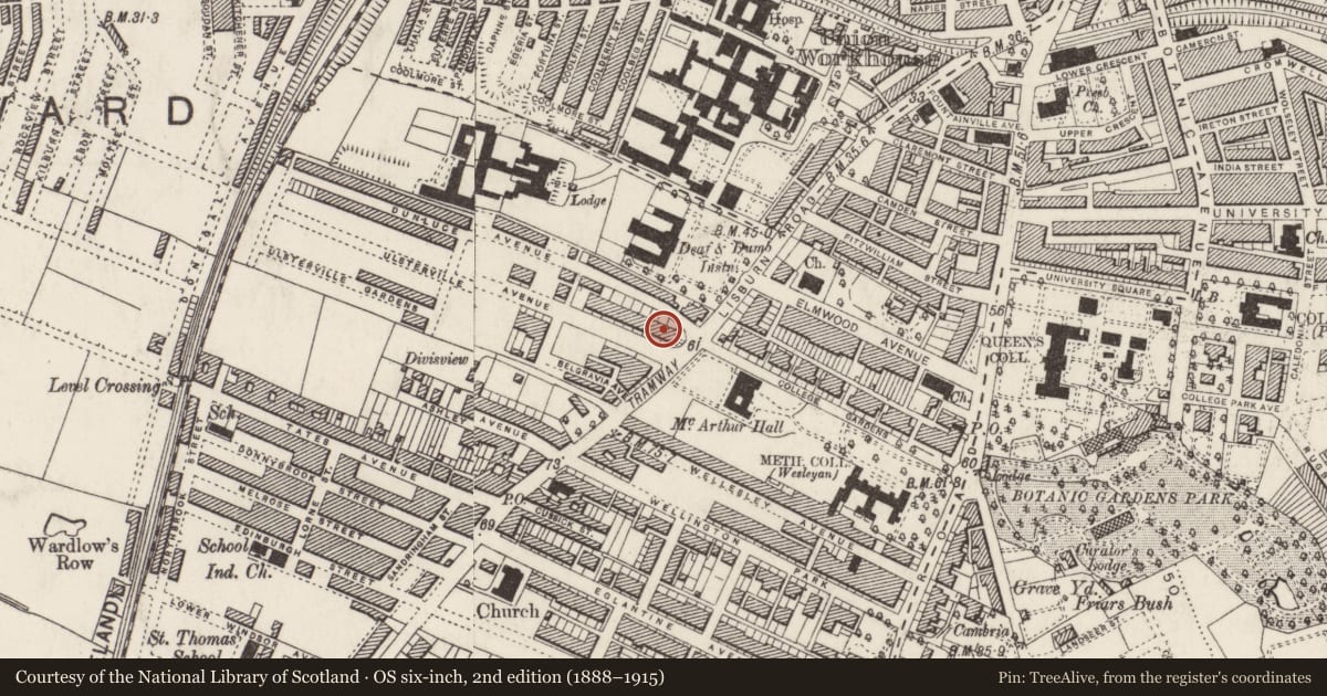 Ordnance Survey six-inch map, 2nd edition (1888–1915) covering the location of 7 Ulsterville Avenue, Belfast, with a pin at the register's coordinates