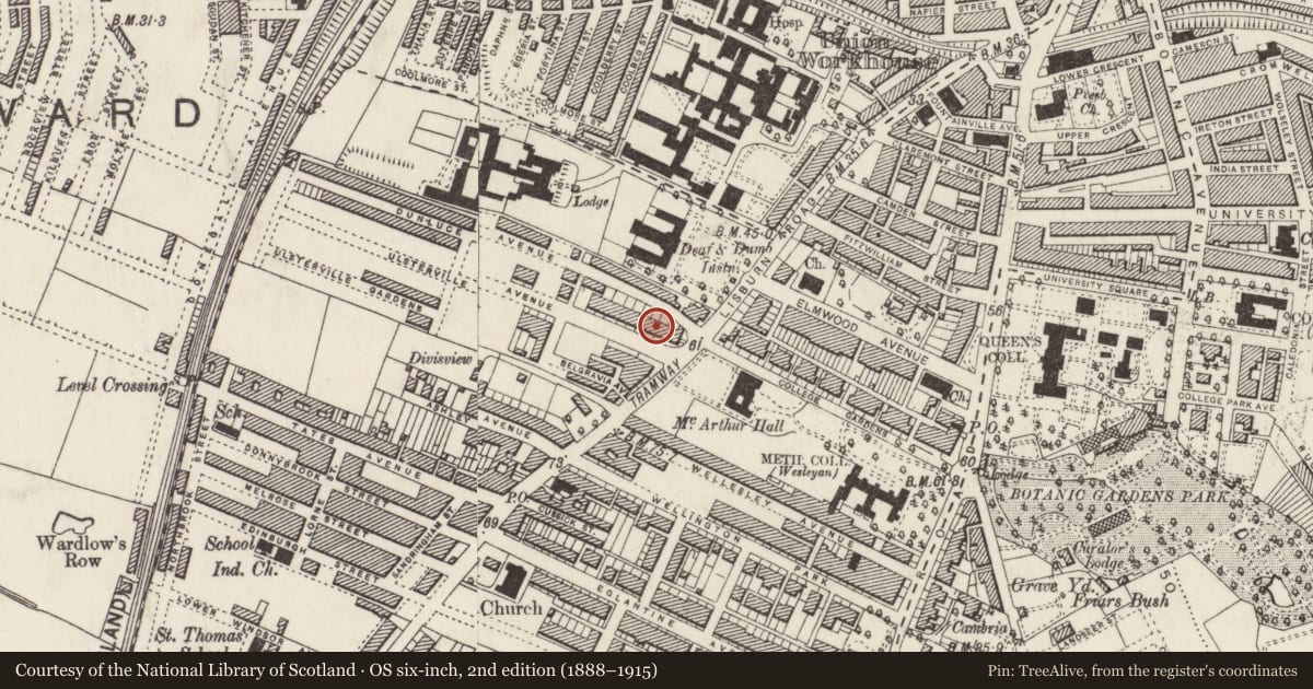 Ordnance Survey six-inch map, 2nd edition (1888–1915) covering the location of 11 Ulsterville Avenue, Belfast, with a pin at the register's coordinates