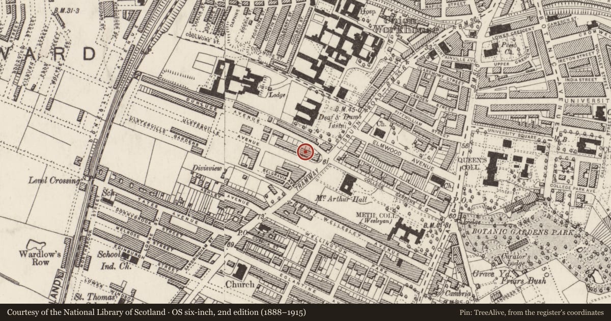 Ordnance Survey six-inch map, 2nd edition (1888–1915) covering the location of 13 Ulsterville Avenue, Belfast, with a pin at the register's coordinates