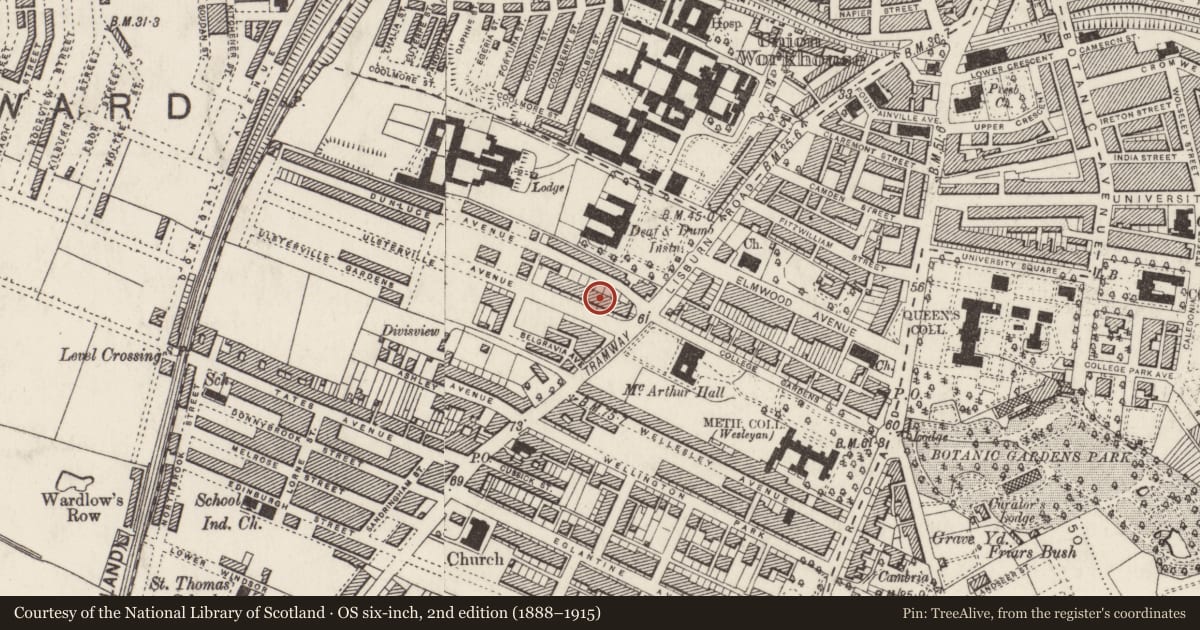 Ordnance Survey six-inch map, 2nd edition (1888–1915) covering the location of 15 Ulsterville Avenue, Belfast, with a pin at the register's coordinates